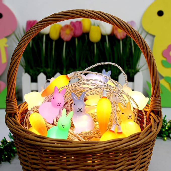 8.5Ft Easter Rabbit String Lights, 10L Plug in Pastel Easter Bunny Carrot Lights Connectable for Outdoor/Indoor Holiday Home Kits Classroom Bedroom Windows Tree Garden Spring Decoration