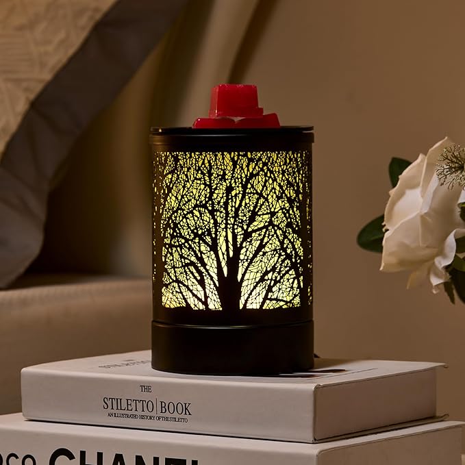 Fragrance Wax Melts Warmer with 7 Colors LED Changing Light Classic Black Forest Design Scent Oil Candle Warmer for Home Black Tree Timer