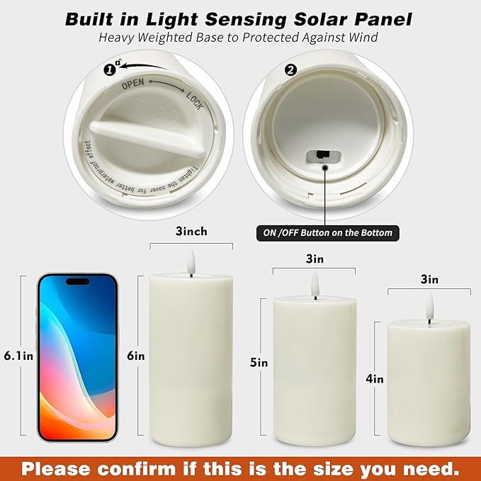 Solar Candles Outdoor Waterproof: Flameless Flickering Pillar LED Candles Set of 3 Dusk to Dawn Rechargeable Sensor Lights 3x4/5/6 Inch White
