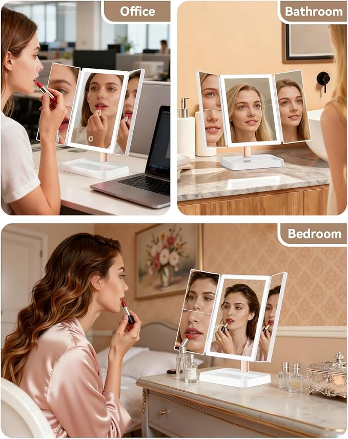 Vanity Mirror with Lights, Makeup Mirror 1X, 2X, 3X Magnification, Trifold 9" L x 14" W, Large Vanity Desk Mirror，Valentine‘s Gift for Wife, Mom, Her - Gift for Girlfriend, Women & Teens