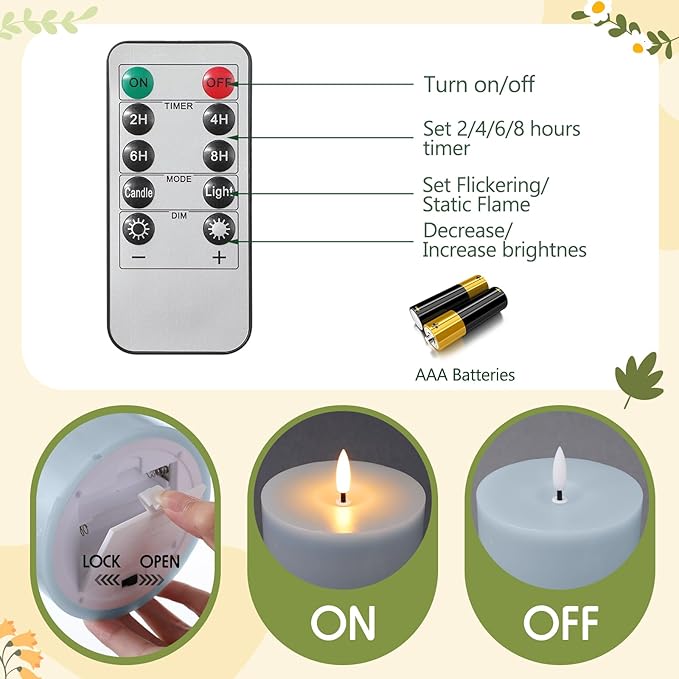 Retisee 3 Pcs Winter Light Blue Large Flameless LED Candles with Remote Spring Battery Operated Flickering Pillar Candles for Indoor Outdoor Party Wedding Light Decor(6''/8''/12''x4'')