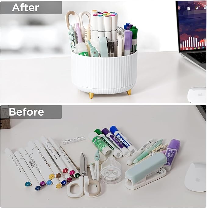 Rose Gold Desk Organizers and Accessories Set with 360-Degree Rotating Pen Holder, Acrylic Stapler, Tape Holder, Staple Remover, Binder/Paper Clips Kit, Scissor and 1 Box of Staples