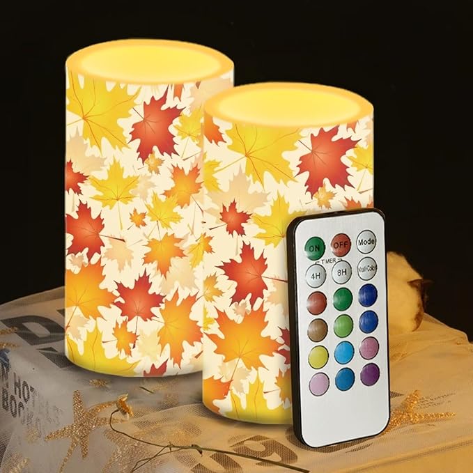 Maple Leaf Flameless Candles with Remote and Timer LED Candles Flickering Battery Operated Fake Candle for Fall Home Thanksgiving Bedroom Living Room Dining Room Table Decor Set of 2