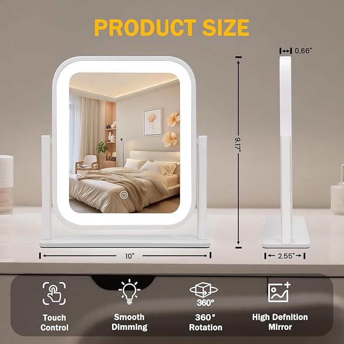 Vanity Mirror with Lights, 1500mAH, 10"×9" Makeup Mirror with Lights, Smart Touch with 3-Color Lighting, 360° Rotation, Portable LED Desk Mirror, Bedroom (White)