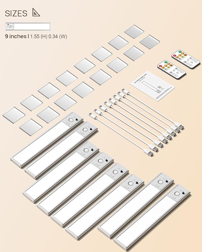 9inch Under Cabinet Lighting with Remote, Rechargeable LED Motion Sensor Light Indoor, Closet Lights Wireless, 3 Color Temps & Dimmable, Magnetic Under Counter Lights for Kitchen, Stairs, 8 Pack