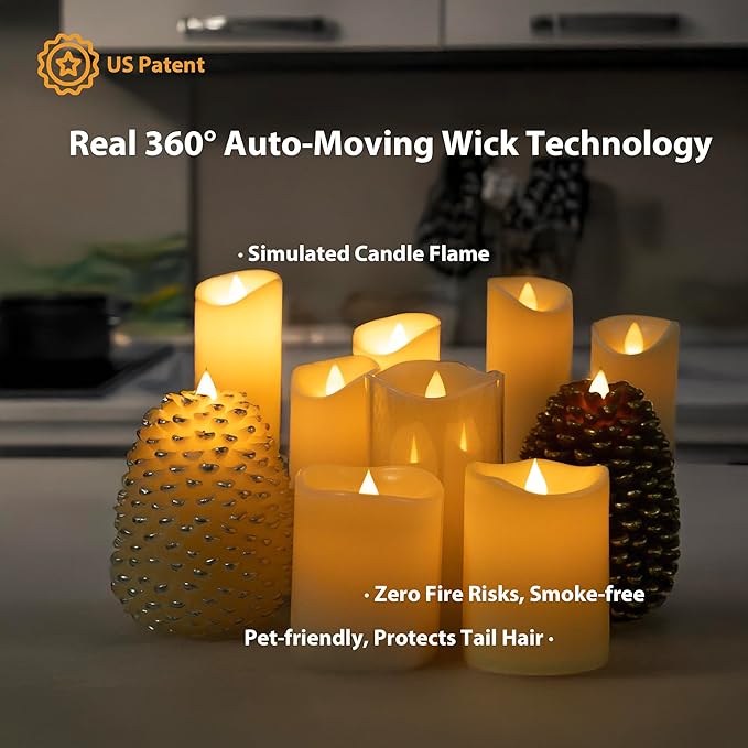 Flameless Candles Last 1300+ Hours Real Wax Flame Effect Auto-Moving 3D Wick, LED Pillar Candles with Timers Battery Operated - Ivory 4" 4”