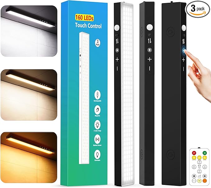 3Pack Touch Control Under Cabinet Lighting, 160LED Super Bright, 4000mAh Long-Lasting, Magnetic Rechargeable Motion Sensor Under Counter Lights for Kitchen, Closet, Remote, Dimmable, 3CCT丨Black