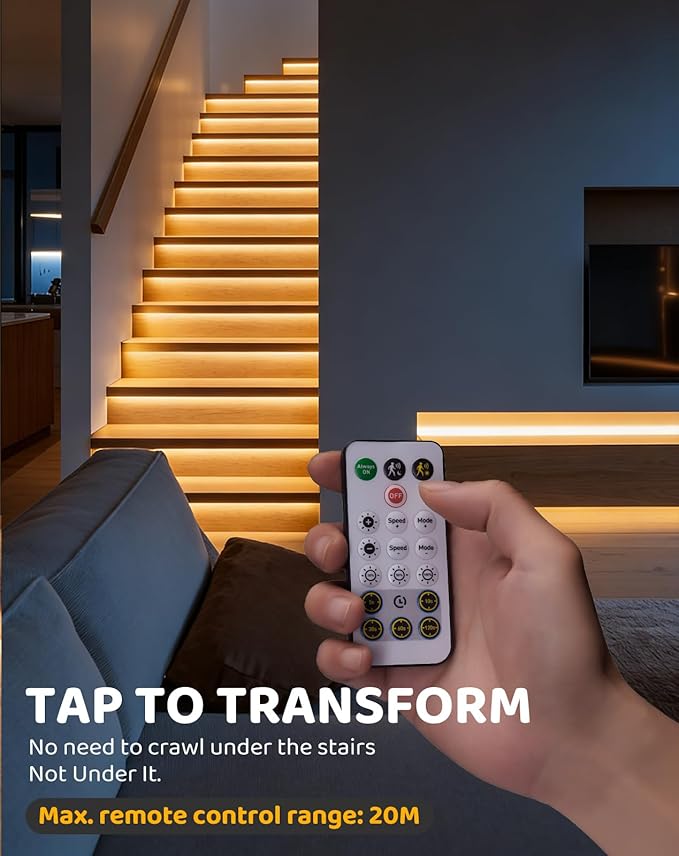 12-Step LED Stair Lights, 12V 6W 3000K Warm White Stair Lighting with Radar Motion & Daylight Sensors, Remote Control, Cuttable Every 1 Inch, Plug-and-Play Design,UL Listed