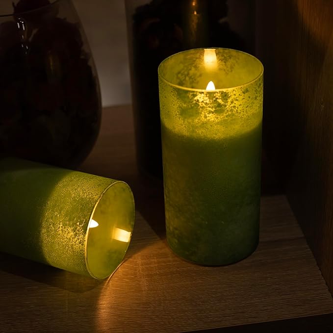 Green Battery Operated Candles with Remote and Timer, Real Wax Flickering Flameless Candles, Glass LED Pillar Candles for Party Wedding Halloween Christmas Decoration