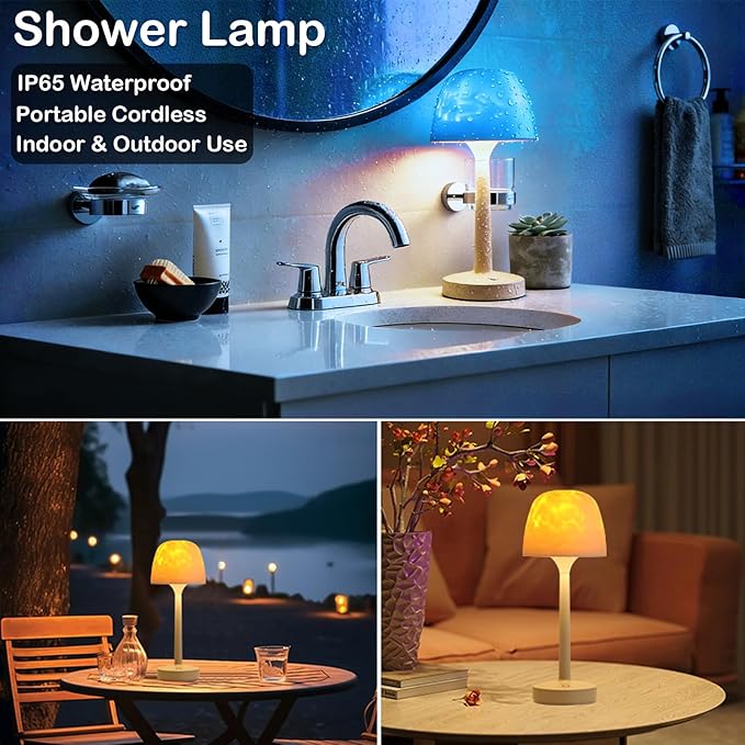 Cordless Shower Lamp,Bedside Lamp,Touch Ocean Wave Projector Light,3 Way Color Temperature,16 Color Changing Light,Dimmable,Rechargeable Aurora Night Lights for Bedroom Bathroom, Waterproof