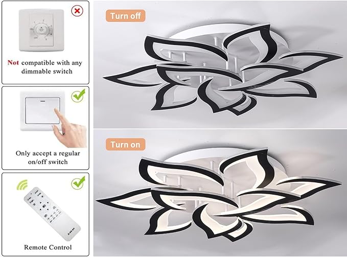 Garwarm Modern LED Ceiling Lights,Dimmable Flush Mount Ceiling Lamp Fixture, Black Petals Flower Shape Ceiling Light Chandelier Lighting for Bedroom Living Dining Room (72W, Black)