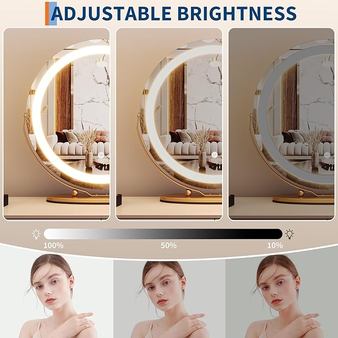 19" Round Vanity Mirror with Lights, Large Makeup Mirror with 3 Color Lighting Dimmable, Smart Touch Control, 360°Rotation Vanity Mirror for Bedroom, Dressing Room, Tabletop, Easy to Install, Gold
