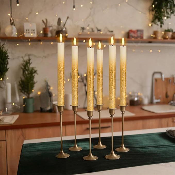 Wondise Gold Flameless Taper Candles with Timer & Remote, 9 Inch Battery Operated LED Flickering Window Candle for Christmas Thanksgiving Decorations, Set of 6