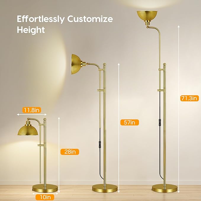 Gold Floor Lamp, Industrial Modern Standing Lamp with Remote Control, 71" Height Adjustable, Finish Rustic Farmhouse Tall Reading Lamp for Bedroom, Over Couch Arched Reading Light