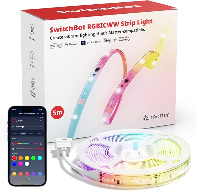 SwitchBot LED Strip Light 5M Work with Alexa, 72 LEDs/m, Matter LED Lights Compatible with Apple Home, Google Home, 16 Million Colors, Music Sync, DIY Color Changing RGB Lights for Bedroom, Party, TV