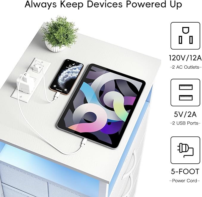 Fixwal White Nightstand with Charging Station, LED Night Stand with 3 Fabric Drawers and Open Shelf, Bedside End Table in Bedroom