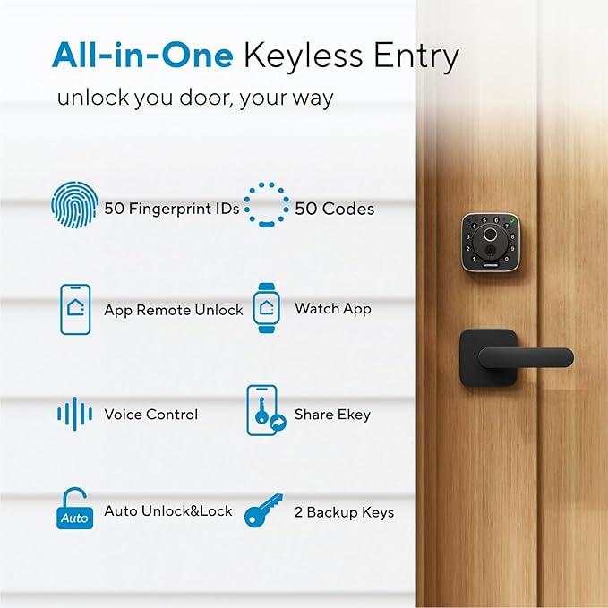 ULTRALOQ Bolt Fingerprint Wi-Fi Smart Locks for Front Door, Works with Apple Home, Alexa, Google, Smart Lock with Handle, App Finger Code Voice Unlock, Remote Control, Auto-Lock, BHMA Certified