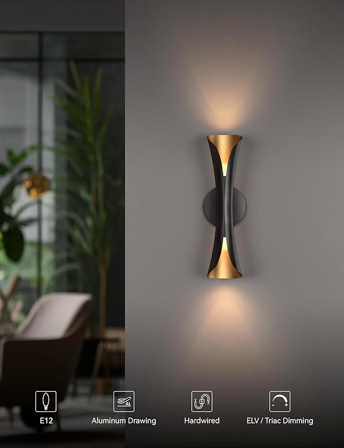 Tubicen Wall Sconces Dimmable Up and Down Indoor Theater Sconce Lights Black and Gold Hardwired Modern Decorative Wall Lights for Living Room Bedroom Hallway Stairway 15.7" H