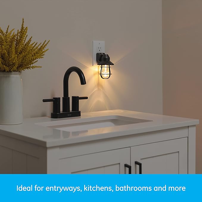 GE Vintage LED Night Light, Plug-in, Dusk to Dawn Sensor, Farmhouse Decor, Mood Lighting, Home Decor, Ambient Lighting, LED Lights for Bedroom, Bathroom, Kitchen, Hallway, 62461, Black, 4 Pack