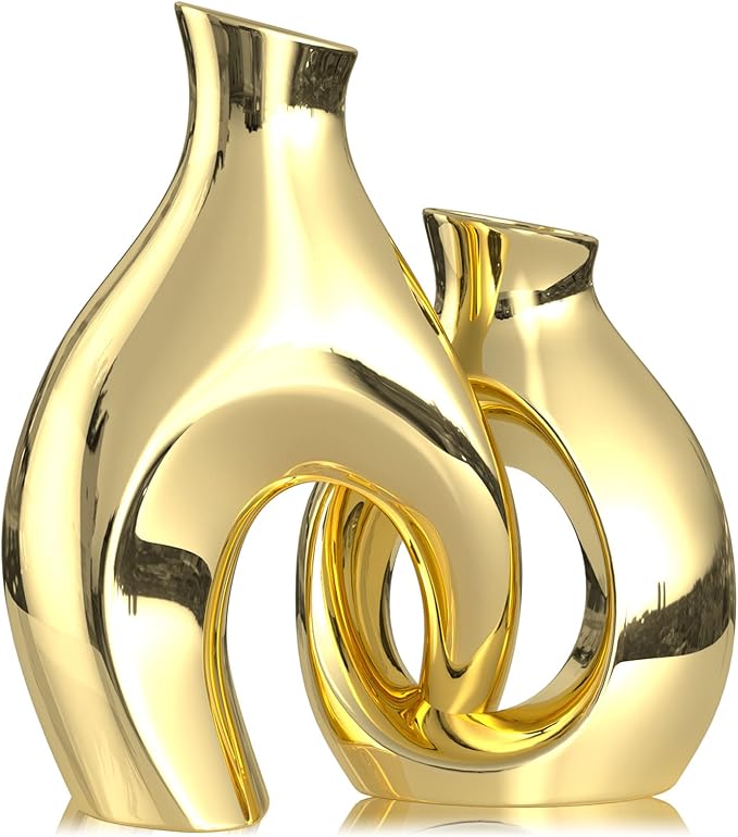 Gold Modern Abstract Ceramic Vases for Home Decor,Nordic Snuggle Hollow Design for Flowers Pampas Grass Decorative,for Living Room Coffee Table Centerpiece,Entrance,Console (Gold)