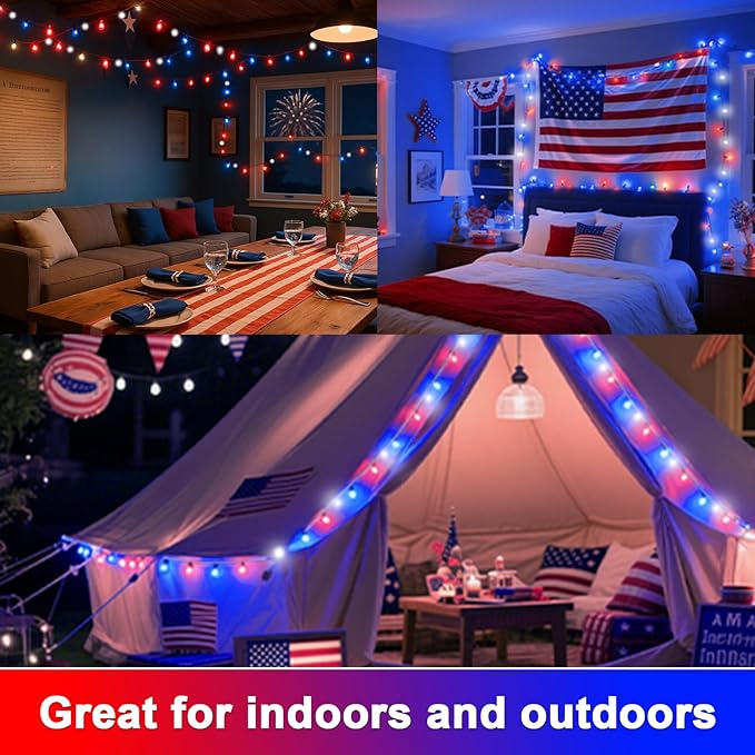 LAMPHOME 165ft 500 LED Red White and Blue Patriotic String Lights, 16 Modes Red White Blue Lights Plug in, 4th of July Lights Outdoor for Independence Day Memorial Day 4th of July Decoration