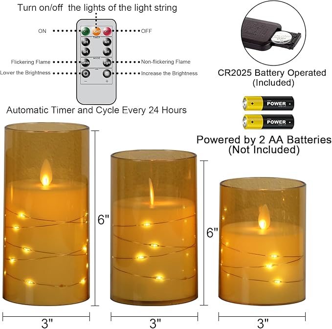 Wondise Flameless Flickering Candles with Embedded Star String Lights, Battery Operated with Moving Wick Acrylic LED Candles with Remote for Home, Wedding, Halloween, Christmas Decor(Gold)