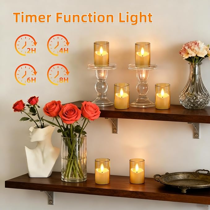 Rechargeable Acrylic Flameless LED Candles with Timer Control, Long Lasting Electric Tealights, Flickering Warm Glow Votive Candles for Holiday & Daily Decoration, (Set of 6, Amber)