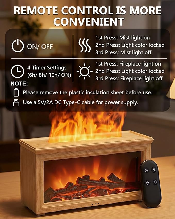 Essential Oil Diffuser, 7-Color Fireplace Fire Flame Aromatherapy Humidifier, 280ml Ultrasonic Aroma Diffuser Valentine's Day Gift with Time Sets and Remote Control for Bedroom Home Yoga Office