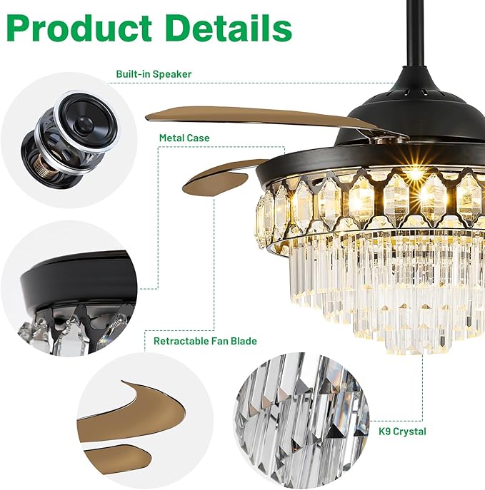 Lightree 42 Inch Black Fandelier Ceiling Fan with App Remote Control and Bluetooth Speaker,RGB LED Light Retractable Smart Ceiling Fan 6 Speed Timer Bluetooth Chandelier Fan for Bedroom Living Room