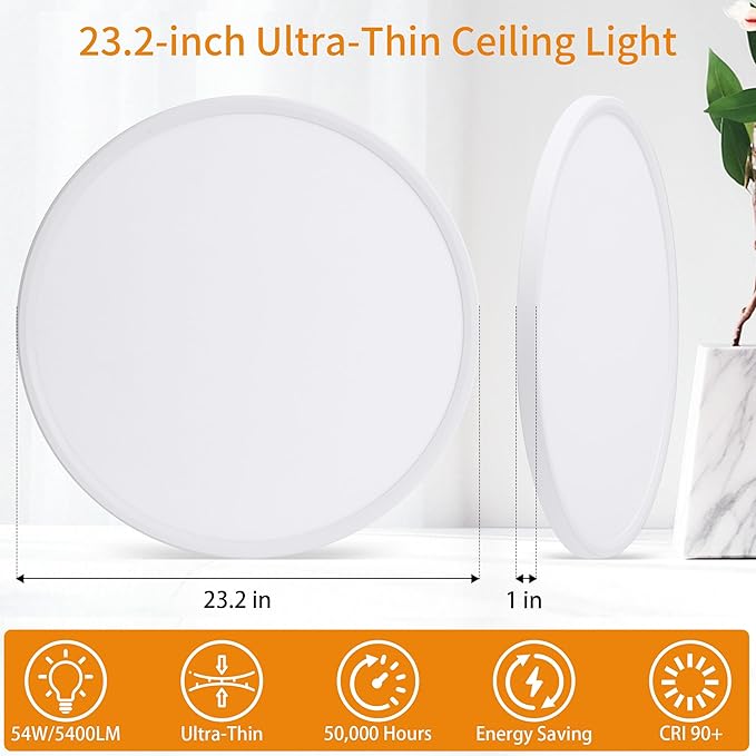 Flush Mount Ceiling Light with Night Light, 23in LED Ceiling Lights with Remote Control, 1800K Nightlights & 3000-6500K Dimmable Lamp Fixture, 54W 5400LM Low Profile for Bedroom, White