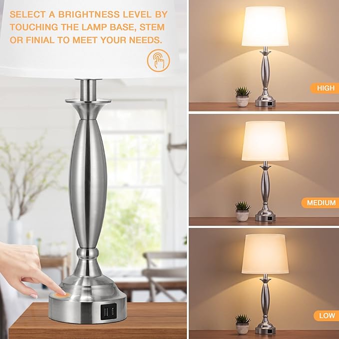 White Lamps for Bedrooms Set of 2 - Touch Control Bedside Lamp with USB C+A, 3 Way Dimmable Nightstand Lamps with USB Port, Table Lamp for Living Room(White Shade and Nickel Base)