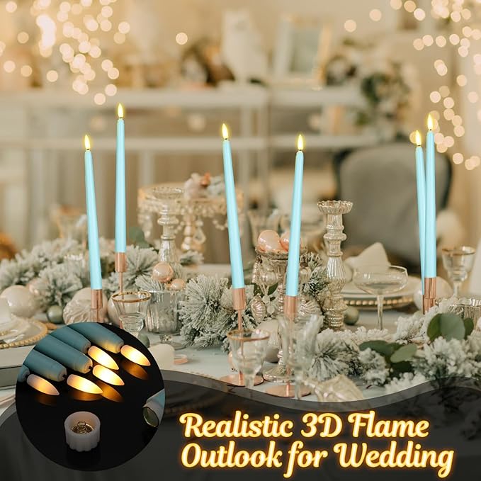 Macarrie 24 Packs Flameless Taper Candles Battery Operated Fake 11 Inch Long Candlelight LED Flameless Candlesticks Flickering Tapered for Spring Summer Wedding(Teal)