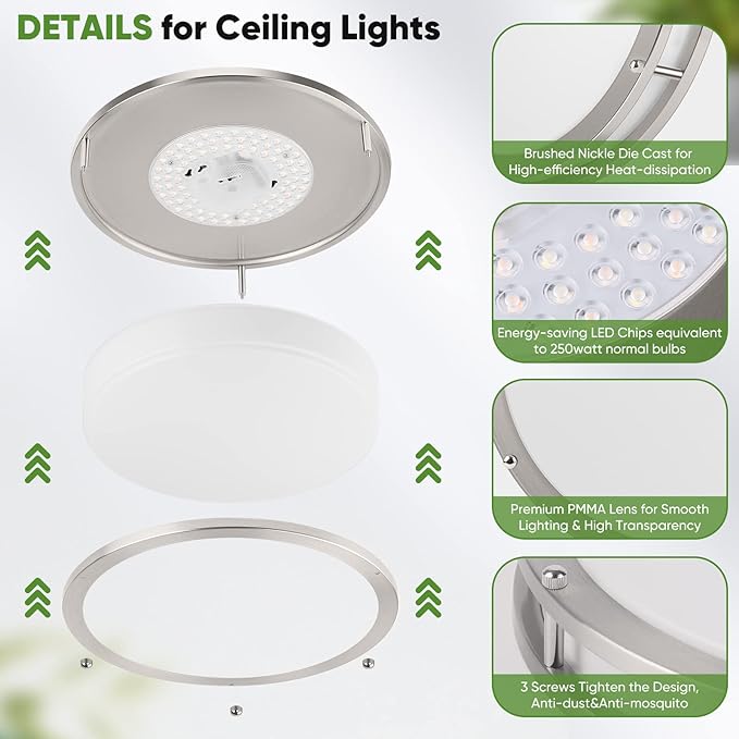 36W 3600lm Super Bright LED Light Fixtures, 2PACK Modern Flush Mount Ceiling Lights Daylight White 5000K, 13 Inch Dimmable Lamps for Kitchen Bathroom Hallway Bedroom, Brushed Nickle