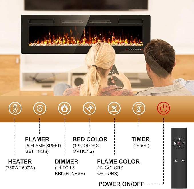 60” Electric Fireplace Recessed and Wall Mounted Fire Places with Remote Control, Touch Screen