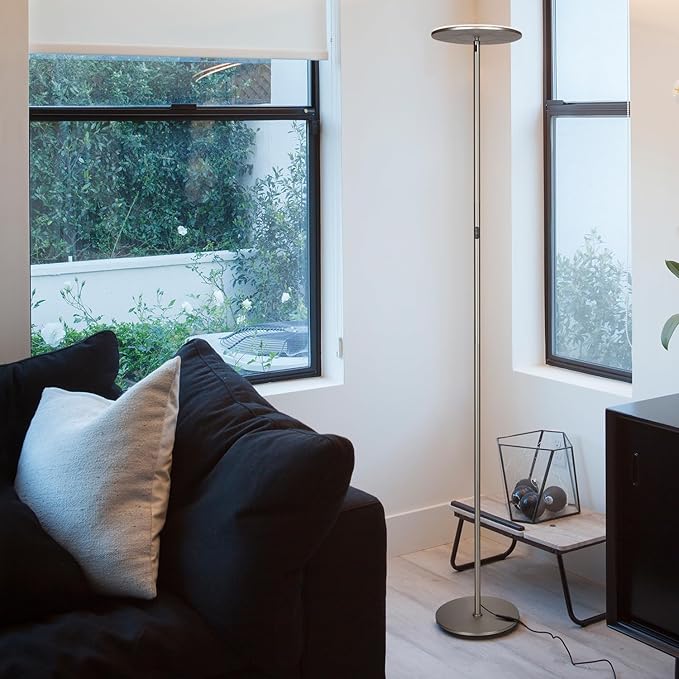 Brightech Sky LED Floor lamp, Torchiere Super Bright Floor Lamp for Living Room Decor & Office - Dimmable, Tall Standing Lamp with Warm Light for Bedroom & Reading - Brushed Nickel