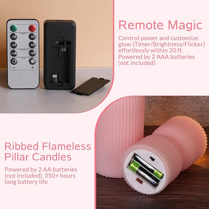 Pink Ribbed Flameless Pillar Candles with Remote, Flickering LED Candles Battery Operated Real Wax Set of 2