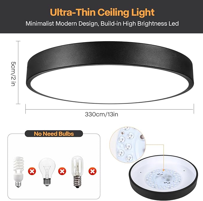 Matte Black Flush Mount Ceiling Light, 3000-5000K 13inch Modern Bedroom Lighting Fixtures Ceiling Mount, Dimmable Overhead Led Light Fixture for Hallway Bathroom Stairwell, ETL Listed