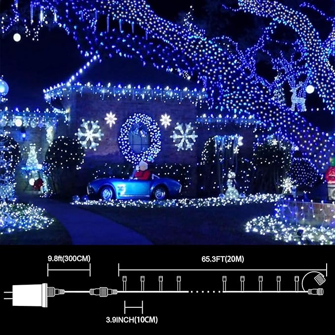 LAMPHOME 66FT 200 LED Blue White String Lights, 16 Modes Plug In Mini Fairy Lights, Waterproof Outdoor Christmas Lights for Hanukkah Xmas Tree Garland Bedroom Ocean Party July 4th Patriotic Decoration