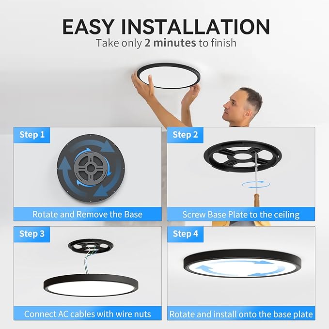 3200lm LED Flush Mount Ceiling Light, Super Slim 12 inch LED Ceiling Light, 5000K LED Ceiling Light for Bedroom, Living Room, Dining Room, Garage, Office, Warehouse (Black, Four Pack)