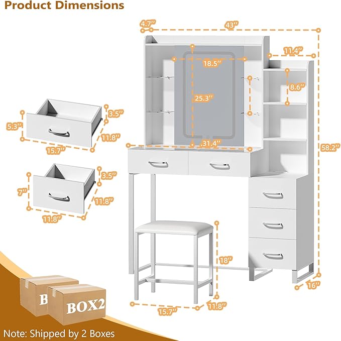 Vanity Desk with Mirror and Lights 3 Colors, 43.3" Makeup Vanity with Glass Top & RGB Light, White Vanity Table Set with Stool, 5 Drawers & Power Outlet for Bedroom Dressing Room