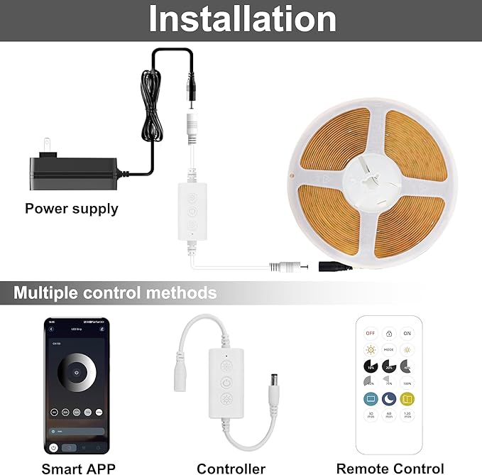 AUZIWECOB LED Strip Lights 9.84ft, Warm White 2700K LED Light Strip, DC24V Tape Light, CRI93+, Bluetooth App Control, Dimmable LED Strips for Bedroom,Cabinet,Living Room.