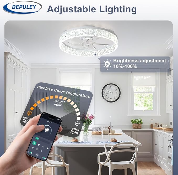 Depuley Ceiling Fans with Lights and Remote: 16" Modern Low Profile Flush Mount Ceiling Fan with App Remote Control - White Fandelier for Bedroom Living Room Kitchen Dimmable Quiet DC Motor