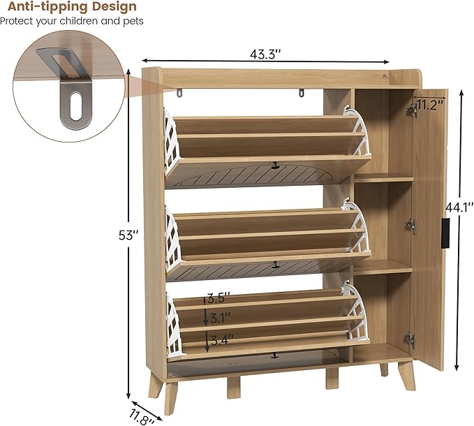 Hadulcet Entryway Shoe Storage Cabinet with 3 Flip Drawers & Mirror, Hidden Shoe Organizer Cabinet with Door & Adjustable Shelves, Freestanding Fluted Arched Panel Design, 9-Tier, Light Wood