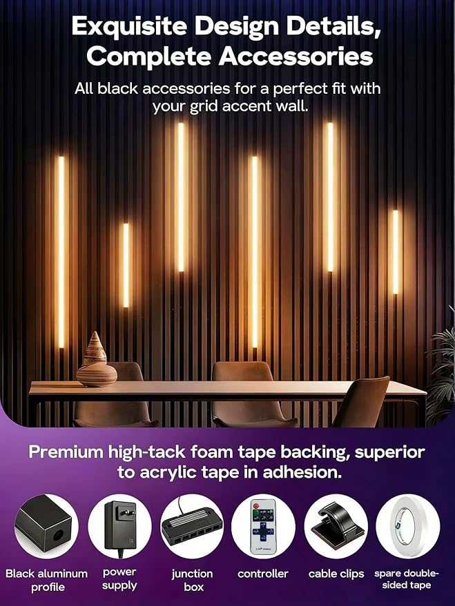 WiFi LED Recessed Lighting Kit for Wall Panels - 6pcs Adhesive Wall Strip Lights for Interior Wall Decor, 3000K Works with Alexa & Google Assistant for Wall Accent Acoustic Panels
