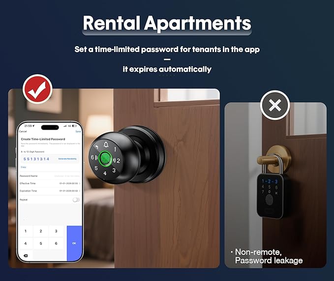 【WiFi-Triggered】 5-in-1 WiFi Smart Fingerprint Door Knob Lock with Keypad - Lock-Side Programming, Local Data Storage, Doorbell-Triggered Remote Unlock, Real-Time Alerts - Ideal for Bedrooms, Offices