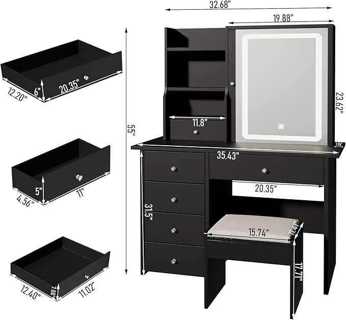 ALEAVIC Vanity Desk with Mirror and LED Lights, Makeup Vanity Set with Power Outlet, and Stool,Jewelry Storage,Black Vanity Desk for Bedroom