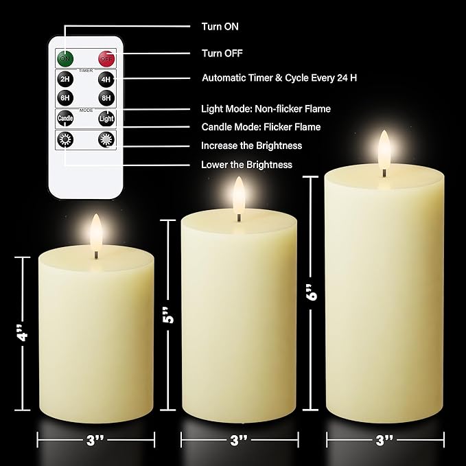 Flameless Pillar Candles with Remote, 3 Pack Battery Operated Real Wax LED Candles, Perfect for Home Decorations Fireplace Table, Ivory