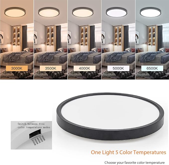 TALOYA Dimmable Flush Mount Ceiling Light,12Inch,20W,5 CCT,LED Ceiling Light Fixture for Bedroom,Kitchen,Living Room,Black