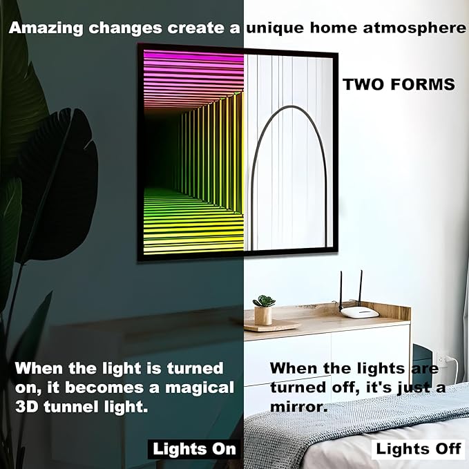 3D Infinity Mirror Light, 12" Square LED Tunnel Wall Light with 358 LEDs, App & Remote RGB Color Changing Mirror for Gaming Room Decor, Party, Bar, Geometric Art Deco Wall Mounted