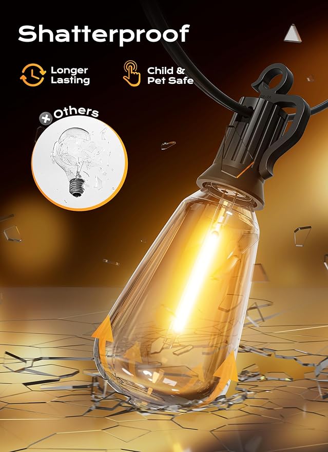 Brightown Outdoor String Lights Patio Lights, 100FT ST38 Shatterproof Dimmable Waterproof Connectable LED Christmas Lights, Hanging Outside Light for Backyard, Porch, Deck, Balcony, Garden, Home Decor
